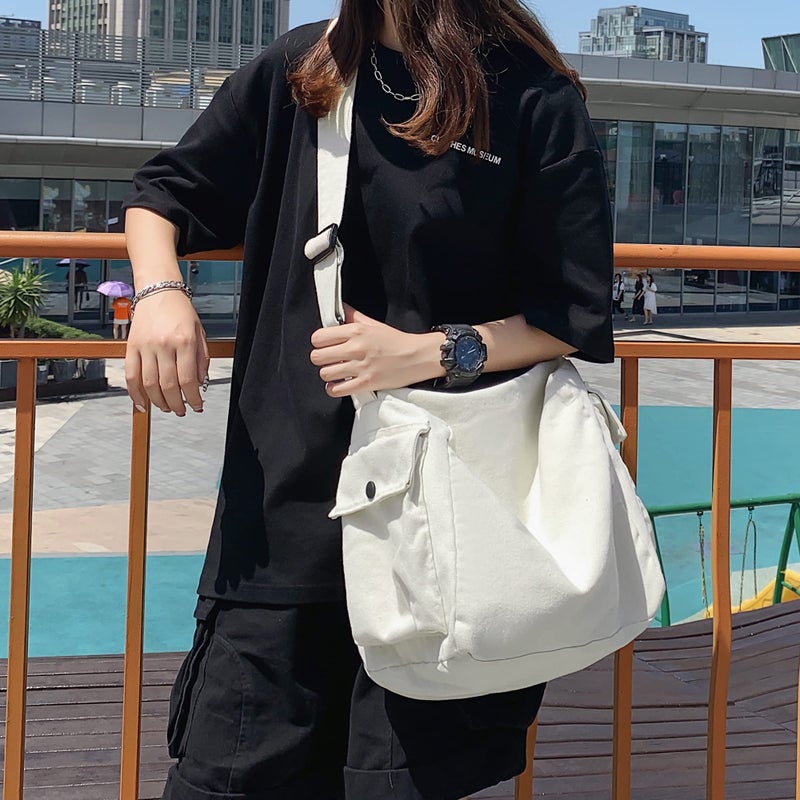 Youjaree Canvas Tote Bag Hobo Crossbody Handbag Big Capacity Messenger Bag with Multiple Pockets Casual Shoulder Bag for Women Men (White) - Image 2